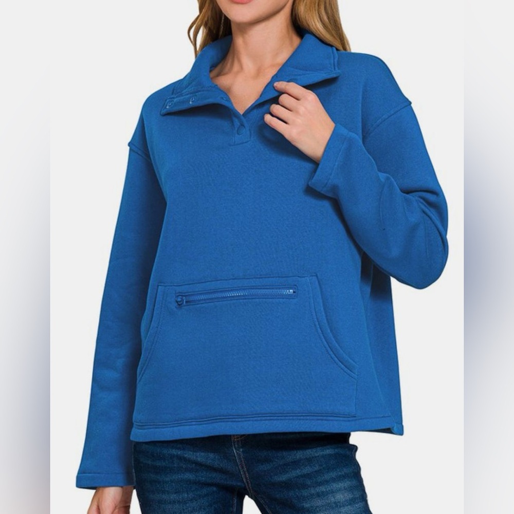 Zenana Outfitters Royal Blue Pullover Snap Collar Fleece